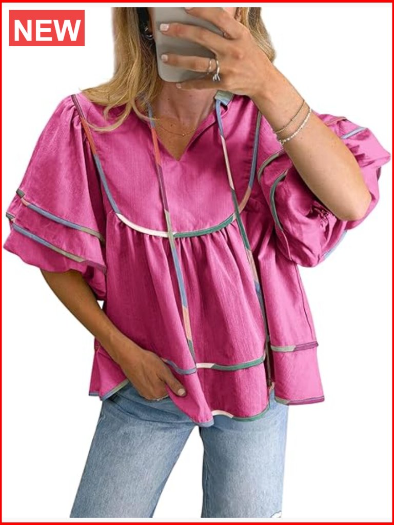 V-Neck Lantern Sleeve Babydoll Top Loose Fit Peplum Blouse
